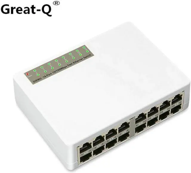 Main image of Great-Q 10/100Mbps 16 Port Fast Ethernet LAN RJ45 RJ-45  Network unmanaged Switch Switcher Hub Desktop PC with EU/US Adapter