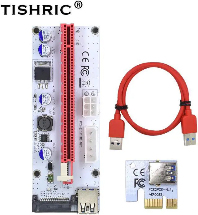 Main image of TISHRIC VER008S Molex 4Pin SATA 6PIN PCI Express PCIE PCI-E Riser Card 008s 008 Adapter 1X to 16X USB3.0 Extender Mining Miner