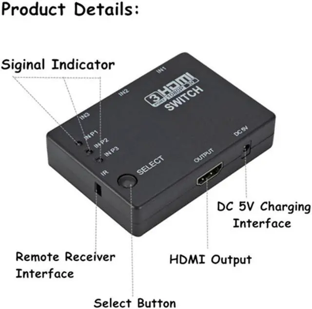 Alt view image 4 of 6 - GRWIBEOU HDMI Switcher 3 In 1 Out 3 Ports Hub Box Auto Switch 1080p HD 1.4 With Remote for HDTV XBOX360 DVD Projector