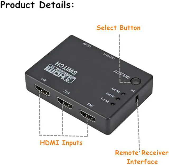Alt view image 3 of 6 - GRWIBEOU HDMI Switcher 3 In 1 Out 3 Ports Hub Box Auto Switch 1080p HD 1.4 With Remote for HDTV XBOX360 DVD Projector
