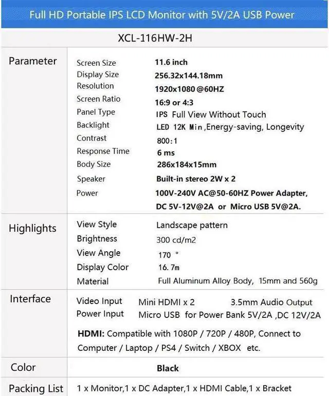 Alt view image 7 of 7 - 11.6 inch 1920x1080 Full HD Portable Lightweight 1080p IPS LED LCD Monitor Dual Mini HDMI Ports for Raspberry Pi, PS3, PS4, Xbox360, Xbox One, Switch etc