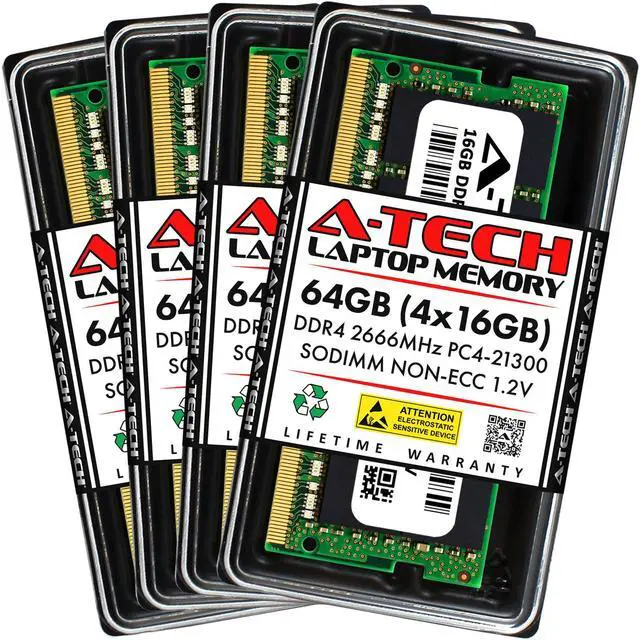 Main image of A-Tech 64GB Kit 4x 16GB PC4-21300 Laptop SODIMM DDR4 2666 MHz Non-ECC Memory RAM