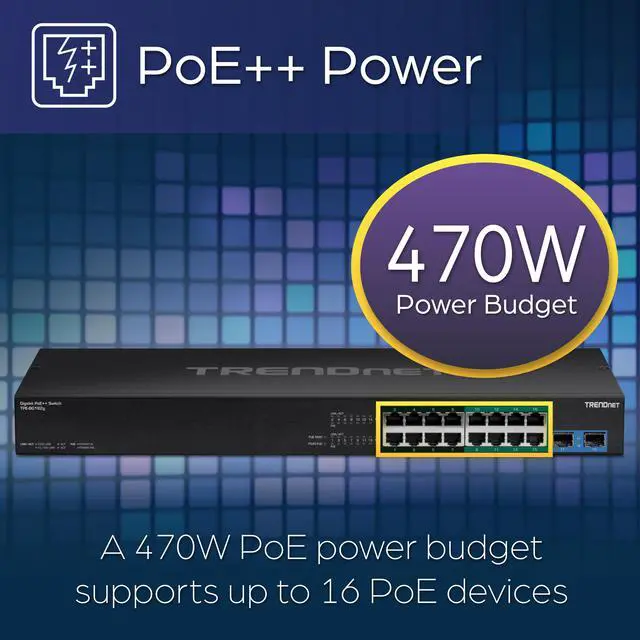 Alt view image 3 of 7 - TRENDnet TPE-BG182g, 18-Port Gigabit 440W 4PPoE Switch with 8 x 95W 4PPoE Ports, 8 x 30W PoE+ Ports, 2 xGigabit SFP Slots,440W PoE Budget, 1U 19” Rack Mountable,Lifetime Protection