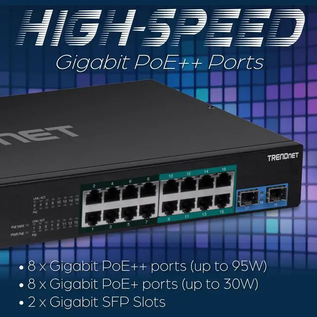 Alt view image 6 of 7 - TRENDnet TPE-BG182g, 18-Port Gigabit 440W 4PPoE Switch with 8 x 95W 4PPoE Ports, 8 x 30W PoE+ Ports, 2 xGigabit SFP Slots,440W PoE Budget, 1U 19” Rack Mountable,Lifetime Protection