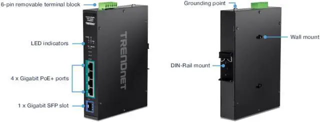 Alt view image 2 of 18 - TRENDnet TI-PGM541, 5-port Industrial Gigabit PoE+ DIN-Rail Switch
-20°  65°C (-4°  149°F)