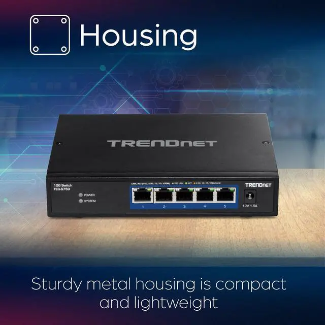 Alt view image 6 of 7 - TRENDnet 5-Port 10G Switch, TEG-S750, 5 x 10G RJ-45 Ports, 100Gbps Switching Capacity, Supports 2.5G and 5G-Base-T Connections, Ethernet Splitter, NDAA & TAA Compliant, Lifetime Protection, Black