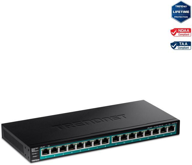 Main image of TRENDnet 16-Port Gigabit PoE+ Switch, 16 x Gigabit PoE+ Ports, 120W PoE Budget, Up to 30W Per Port, 1U 19" Rackmount Brackets Included, Fanless, Lifetime Protection, Black, TPE-TG161H