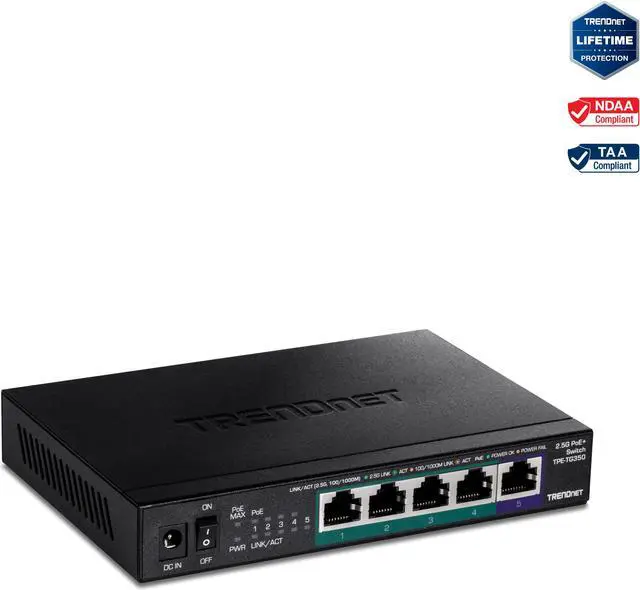 Main image of TRENDnet 5-Port Unmanaged 2.5G PoE+ Switch, Fanless, Compact Desktop Design, Metal Housing, 2.5GBASE-T Ports, IEEE 802.3bz, 55W PoE Budget, Black,Lifetime Protection, TPE-TG350