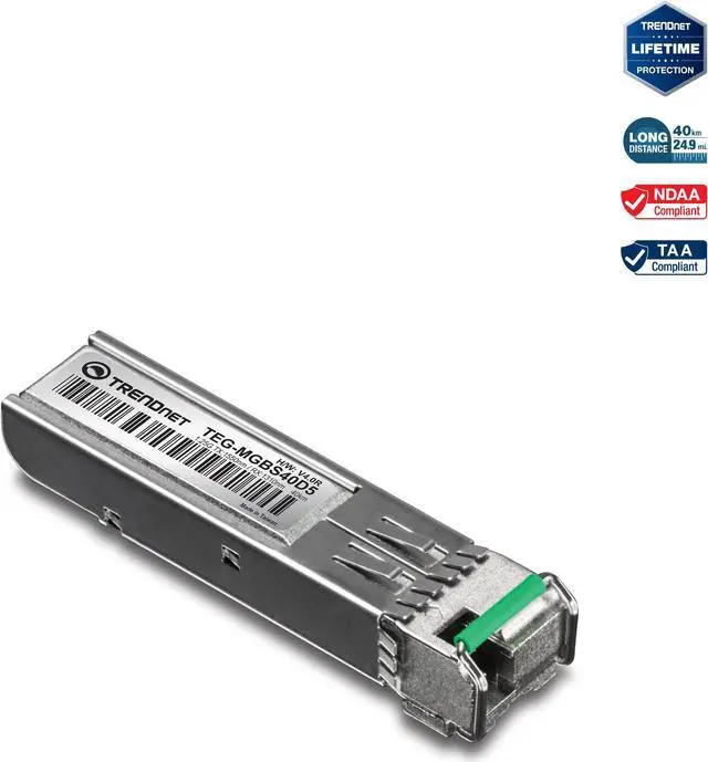 Main image of TRENDnet SFP to RJ45 Dual Wavelength Single-Mode LC Module, TEG-MGBS40D5, Must Pair with TEG-MGBS40D3 or a Compatible Module, Up to 40km (24.9 miles), Standard SFP Slot Compatible, Lifetime Protection