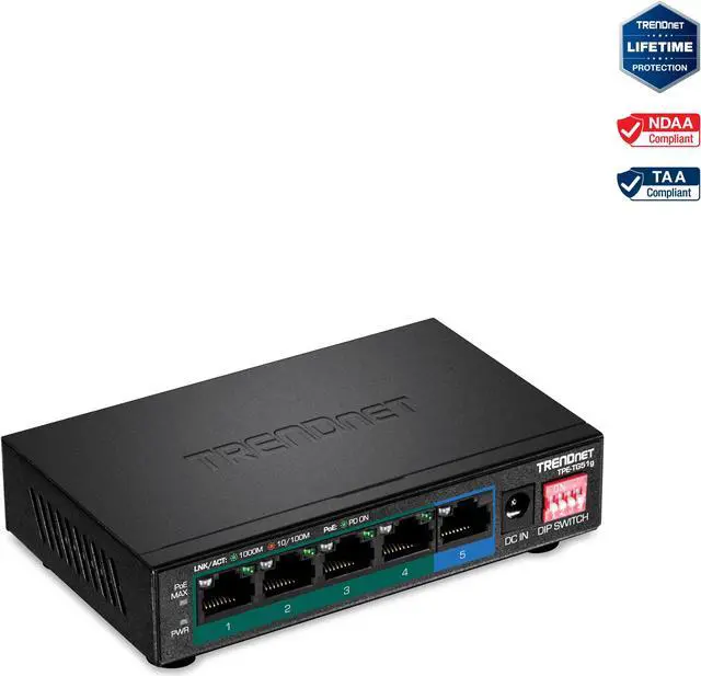 Main image of TRENDnet 5-Port Gigabit PoE+ Switch, Camera DIP Switch extends PoE+ 200m (656 ft.), 60W PoE Budget, Black, TPE-TG51G
