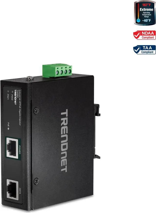 Main image of TRENDnet Hardened Industrial 90W Gigabit 4Ppoe Injector,4-Pair Power Over Ethernet, Poe(15.4W), Poe+(30W), 4Ppoe(90W)Power, IP30, DIN-Rail/Wall Mount Included, 4-Pair Poe Up to 100M (328 ft.),TI-IG90