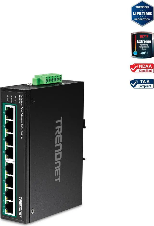 Main image of TRENDnet TI-PE80 8-Port Industrial Fast Ethernet PoE+ DIN-Rail Switch