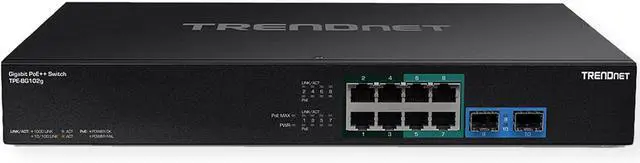 Alt view image 5 of 9 - TRENDnet 10-Port Gigabit PoE++ Switch, TPE-BG102g, 8 x Gigabit  PoE++ Ports, 2 x Gigabit SFP Ports, 240W PoE Power Budget, 20Gbps,  Internal Power Supply, Lifetime Protection, Black