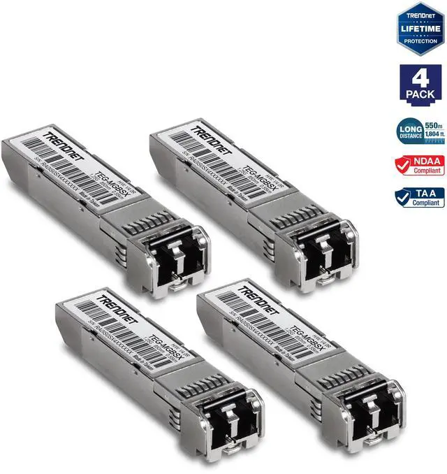 Main image of TRENDnet SFP Multi-Mode LC Module 4-Pack, TEG-MGBSX/4, Transmission Up to 550m (1804 Ft), Mini-GBIC, Hot Pluggable, IEEE 802.3z Gigabit Ethernet, Supports Up to 1.25 Gbps, Lifetime Protection