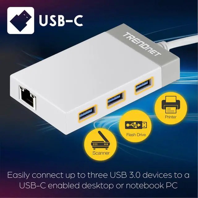 Alt view image 14 of 14 - TRENDnet USB C to Ethernet Gigabit Adapter, TUC-ETGH3, Compact USB Type C Hub, 3 x USB 3.0 Ports, 1 x RJ-45 Gigabit Ethernet Port, Windows and Mac Compatible, White