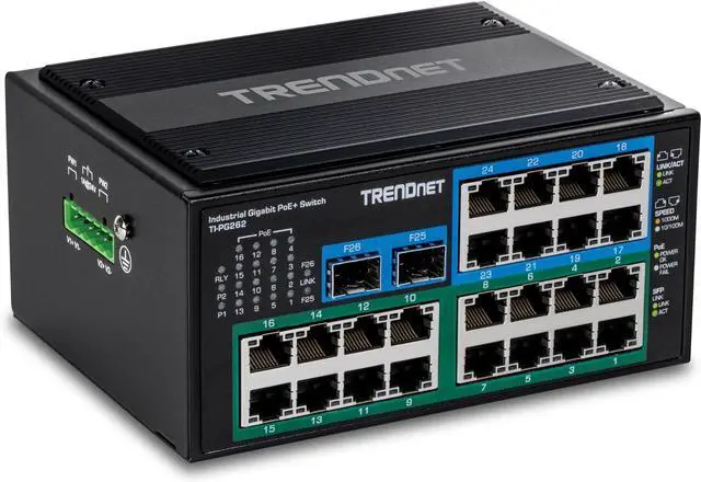 Alt view image 5 of 7 - TRENDnet 26-Port Hardened Industrial Unmanaged Gigabit DIN-Rail Switch, TI-PG262, 16 x Gigabit PoE+ Ports, 8 x Gigabit RJ-45 Ports, 2 x SFP Ports, IP30, Lifetime Protection, Black