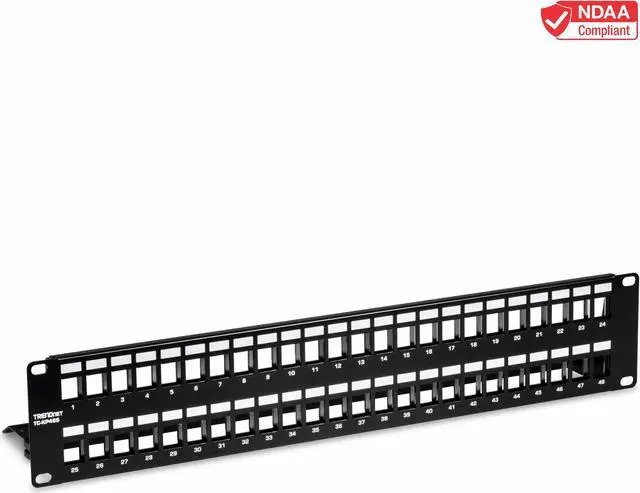 Main image of TRENDnet 48-Port Blank Keystone Shielded 2U HD Patch Panel, TC-KP48S, 2U 19" Metal Rackmount Housing, Network Management Panel, Recommended with TC-K06C6A Cat6A Keystone Jacks (sold separately)