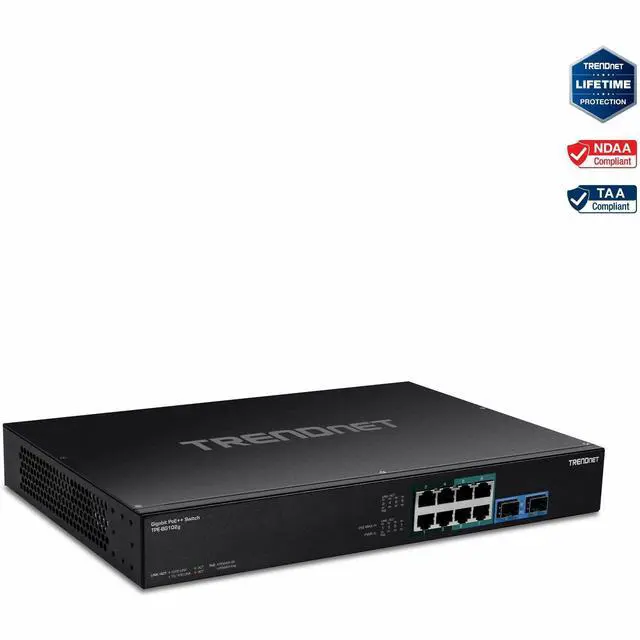 Main image of TRENDnet 10-Port Gigabit PoE++ Switch, TPE-BG102g, 8 x Gigabit  PoE++ Ports, 2 x Gigabit SFP Ports, 240W PoE Power Budget, 20Gbps,  Internal Power Supply, Lifetime Protection, Black