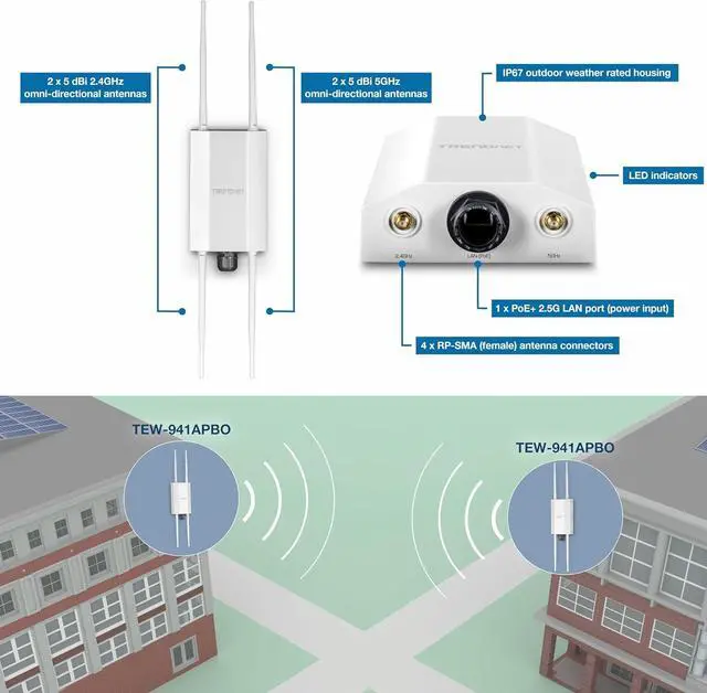 Alt view image 2 of 7 - TRENDnet 5 dBi WiFi 6 AX1800 Outdoor PoE+ Omni Directional Access Point, TEW-941APBO, Point-to-Point and Point-to-Multi-Point Bridge, IP67 Weather Rated Housing, PoE+ Powered, White