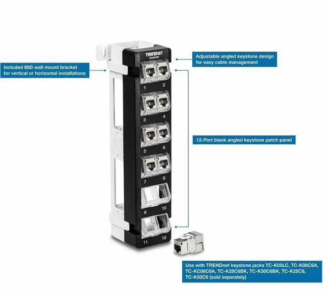 Alt view image 2 of 6 - TRENDnet 12-Port Blank Angled Wall Mount Keystone Patch Panel, TC-KP12V