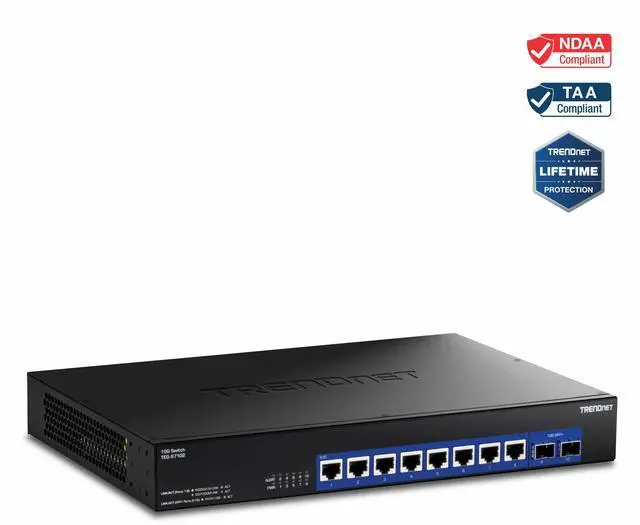 Main image of TRENDnet 10-Port 10G Unmanaged Switch, TEG-S7102, 8 x 10G RJ-45 Ports, 2 x 10G SFP+ Ports, 200Gbps Switching Capacity, Rackmount Design, Lifetime Protection, Black