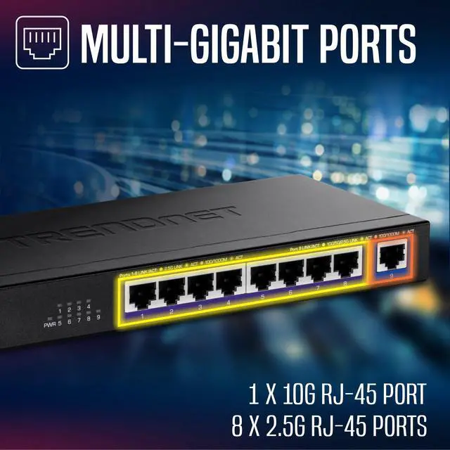 Alt view image 5 of 16 - TRENDnet 9-Port Multi-Gig Switch, TEG-S591, 8 x 2.5G RJ-45 Ports, 1 x 10G RJ-45 Port, 60Gbps Switching Capacity, Ethernet Splitter, NDAA & TAA Compliant, Lifetime Protection, Black
