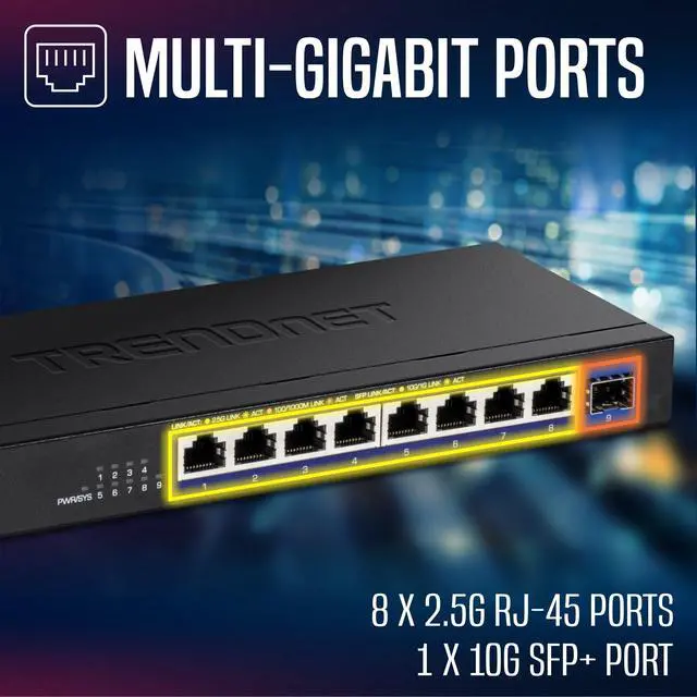 Alt view image 10 of 12 - TRENDnet 9-Port Unmanaged 2.5G Switch with 10G SFP+ Port, TEG-S5091, 8 x 2.5GBASE-T Ports, 60Gbps, Wall Mountable, Ethernet Splitter, NDAA & TAA Compliant, Lifetime Protection, Black
