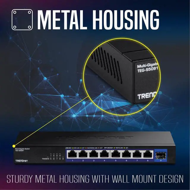 Alt view image 9 of 12 - TRENDnet 9-Port Unmanaged 2.5G Switch with 10G SFP+ Port, TEG-S5091, 8 x 2.5GBASE-T Ports, 60Gbps, Wall Mountable, Ethernet Splitter, NDAA & TAA Compliant, Lifetime Protection, Black