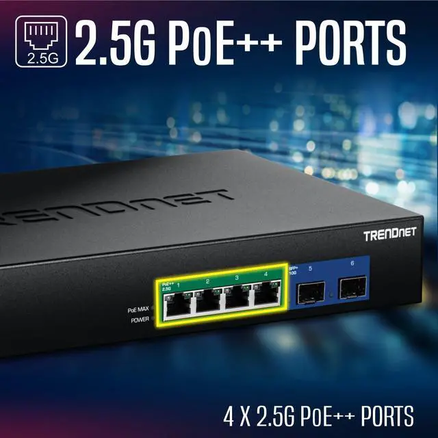 Alt view image 4 of 7 - TRENDnet TPE-BG5062, 6-Port 2.5G GaN Power PoE++ Switch with 10G SFP+ Ports (240W)