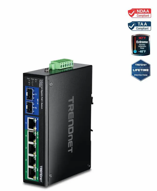 Main image of TRENDnet  TI-PG62, 6-Port Hardened Industrial Gigabit PoE+ DIN-Rail Network Switch