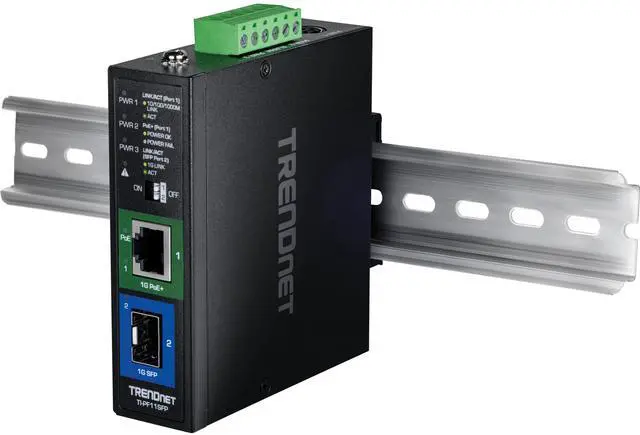 Alt view image 3 of 6 - TRENDnet Industrial SFP to Gigabit PoE+ Media Converter, TI-PF11SFP, 1 x Gigabit SFP Port, 1 x 
Gigabit PoE+ RJ45 Port, 6kV RJ45 Surge Protection, Up to 30W per Port, NDAA + TAA Compliant