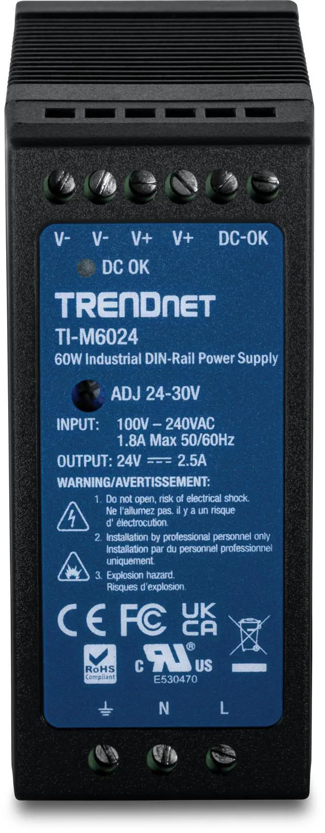 Alt view image 2 of 7 - TRENDnet 60 W Single Output Industrial DIN-Rail Power Supply, Universal AC Input, Extreme -20 to 70 °C (-4 to 158 °F) Operating Temp, TI-M6024