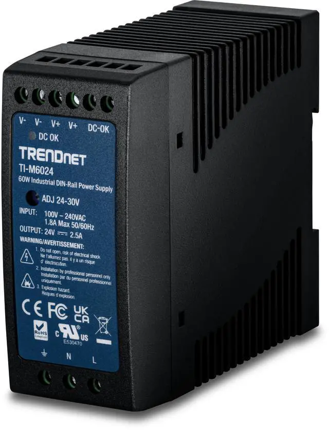 Alt view image 7 of 7 - TRENDnet 60 W Single Output Industrial DIN-Rail Power Supply, Universal AC Input, Extreme -20 to 70 °C (-4 to 158 °F) Operating Temp, TI-M6024