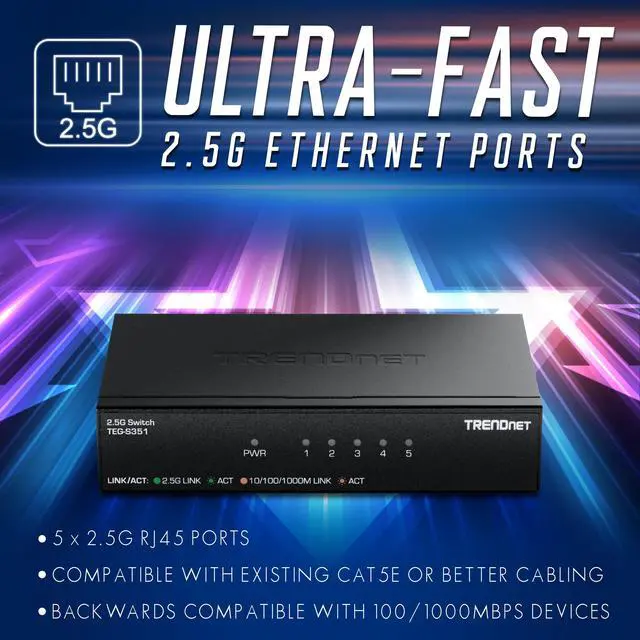 Alt view image 6 of 7 - TRENDnet 5-Port 2.5G Switch, TEG-S351, 5 x 2.5G RJ45 Ports,  25Gps, NDAA + TAA Compliant, Ethernet Splitter