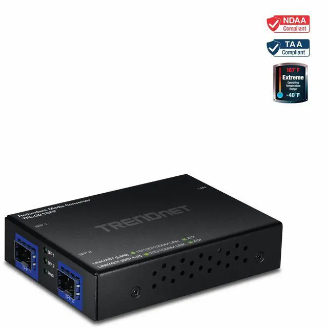 Main image of TRENDnet 1000BASE-T to Dual SFP Fiber Media Converter with Redundant Mode, TFC-G21SFP, 1 x Gigabit RJ45 Port, 2 x Gigabit SFP Ports, NDAA & TAA Compliant