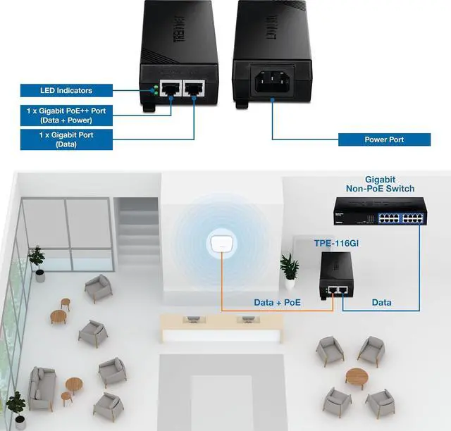 Alt view image 2 of 5 - TRENDnet TPE-116GI, Gigabit PoE++ Injector