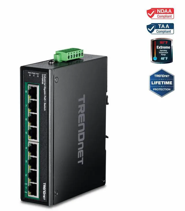 Main image of TRENDnet 8-Port Industrial Gigabit PoE+ DIN-Rail Switch (24  56V), TI-PG80B, 8 x  Gigabit PoE+ Ports, PoE Power Budget 120W 24V  200W 56V, 16Gbps Switching  Capacity, Black