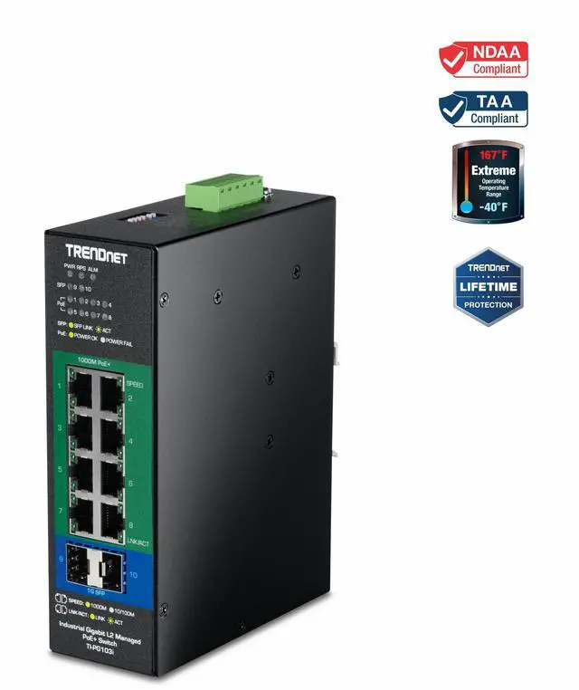 Main image of TRENDnet 10-Port Industrial Gigabit L2 Managed PoE+ DINRail Switch 24  57V, TI-PG103i, 8 x Gigabit PoE+ Ports, 2 x SFP Ports, 20Gbps, IP40, Ethernet Splitter, NDAA & TAA Compliant