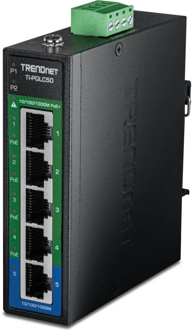 Main image of TRENDnet TI-PGLC50, 5-Port Industrial Gigabit PoE+ DIN-Rail Mini Switch