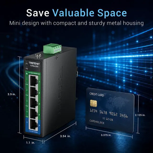 Alt view image 2 of 7 - TRENDnet TI-PGLC50, 5-Port Industrial Gigabit PoE+ DIN-Rail Mini Switch