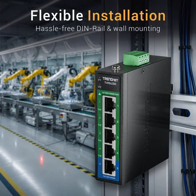 Alt view image 4 of 7 - TRENDnet TI-PGLC50, 5-Port Industrial Gigabit PoE+ DIN-Rail Mini Switch