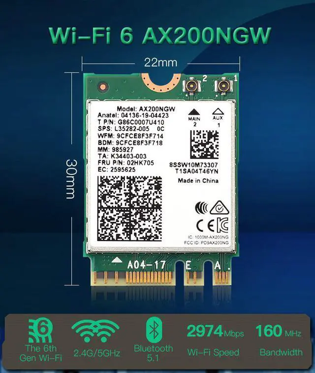 Alt view image 2 of 7 - Weastlinks Dual Band Wireless M.2 Wifi6 Intel AX200 2974Mbps Bluetooth 5.1 802.11ax MU-MIMO NGFF Laptop WiFi Card AX200NGW Windows 10