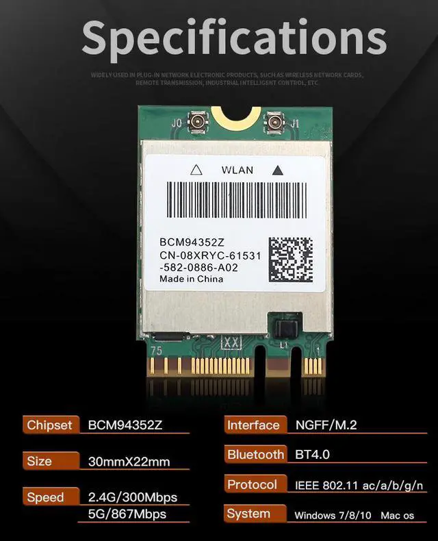 Alt view image 6 of 7 - Weastlinks Dual Band Wireless BCM94352Z Desktop M.2 Kit Hackintosh WIFI Card NGFF 1200M 5G/2.4G 802.11ac Bluetooth 4.0 Wlan Adapter DW1560