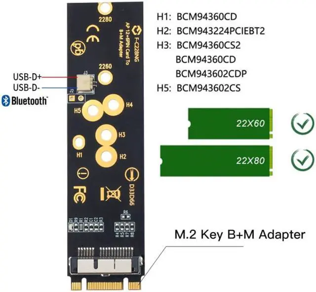 Alt view image 3 of 7 - Weastlinks Wireless BCM94360CS2 PCIE BT2 12+6 Pin Bluetooth WiFi Card Module to M.2 NGFF Key B+M Adapter for Mac OS
