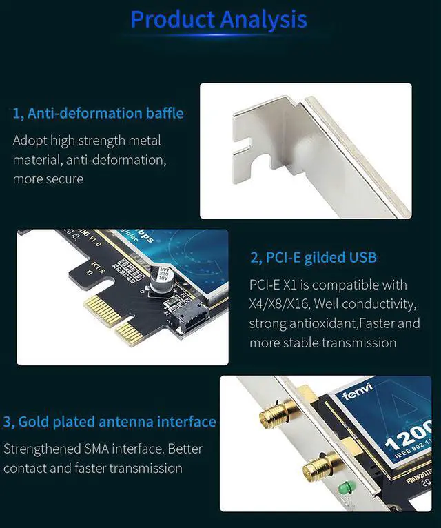 Alt view image 7 of 7 - Weastlinks Dual Band AC 1200Mbps Wireless Bluetooth WiFi Card WiFi PCIe Network Adapter 5GHz/2.4GHz PCI Express Network Wlan BT4.0