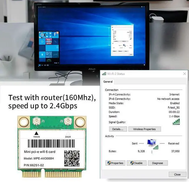 Alt view image 5 of 7 - Weastlinks Mini PCI-E AX3000 Wi-Fi 6 Wireless Adapter Dual Band 2974Mbps Bluetooth 5.0 Wifi Card 802.11ax/ac 160Mhz 2.4G/5G Wlan Windows10