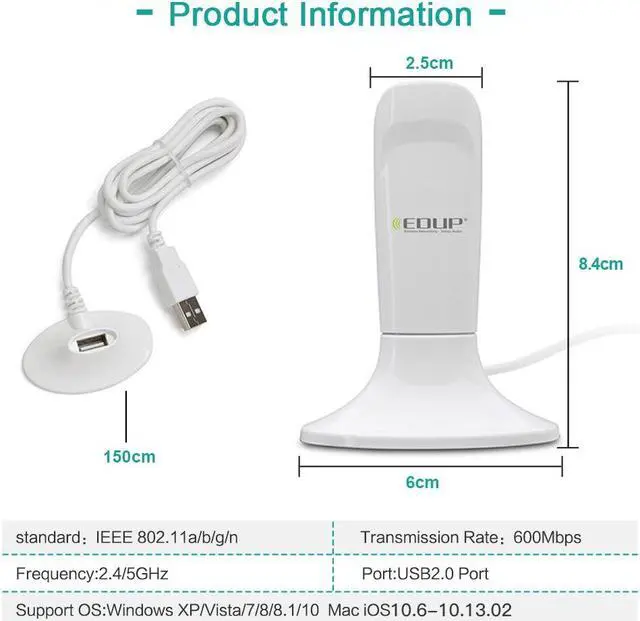 Alt view image 6 of 7 - Weastlinks Wireless 600Mbps USB Wifi Adapter Dual Band 2.4G/5GHz RTL8192DU Mini USB Computer Network Card Receiver 1.2m USB Cable