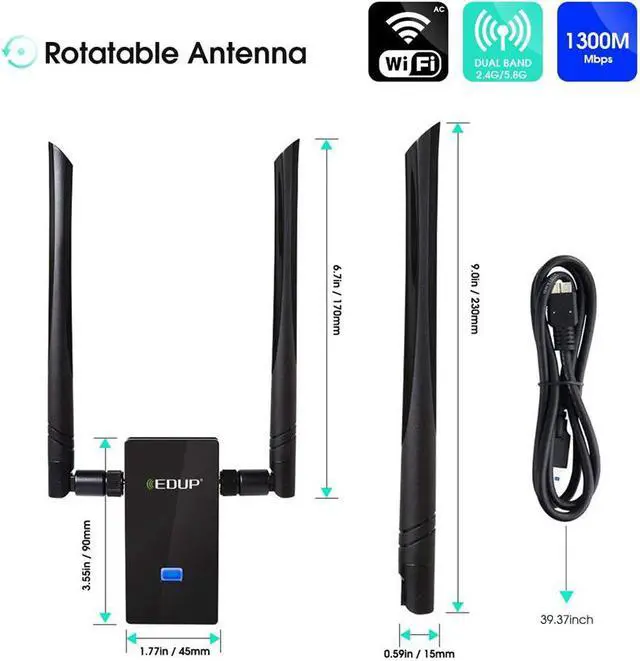 Alt view image 7 of 7 - Weastlinks Dual Band 2.4GHz 5GHz 802.11AC 1200Mbps IEEE 802.11 a/b/n/g/ac Wireless Wifi USB Adapter Network Card with Antennas + Cable