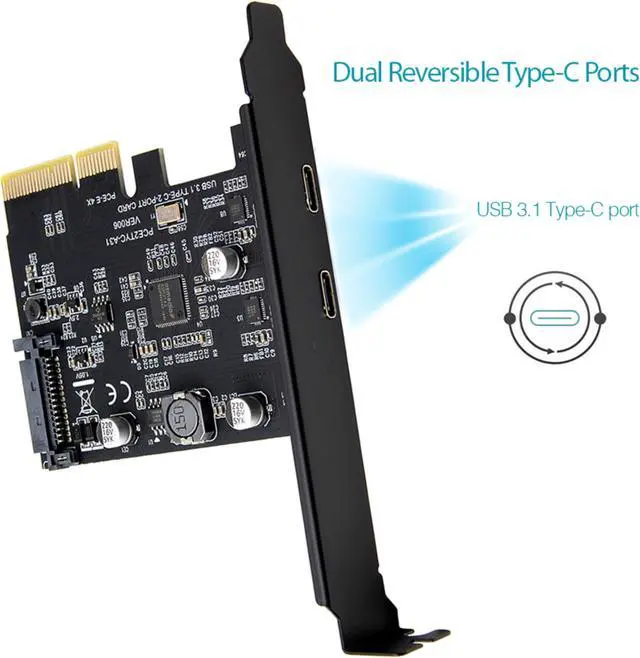 Alt view image 3 of 7 - Weastlinks SuperSpeed USB 3.1 PCI-Express Card with Dual Reversible Type-C Ports 5V 15Pin Connector Gen 2 10 Gbps PCI Express Card 10Gbps