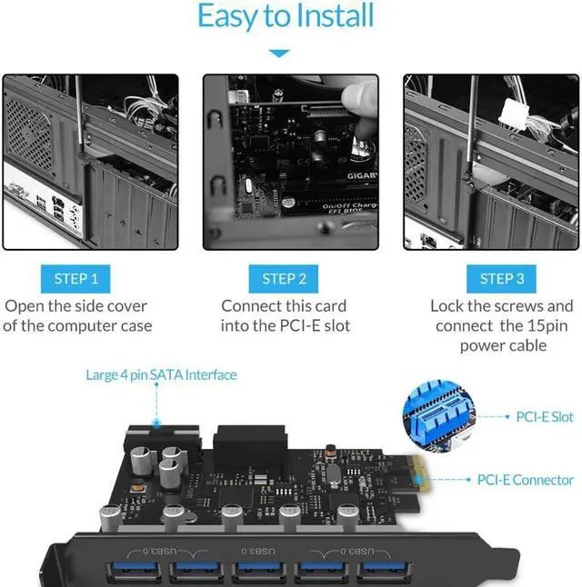 Alt view image 3 of 7 - Weastlinks USB 3.0 PCI-E Expansion Card 5 Ports Hub Adapter External Controller Express Card with 4-pin Power Connector Cord
